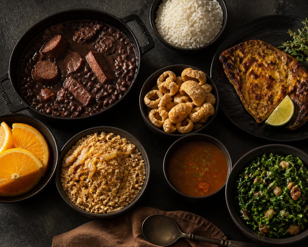 Acompanhamentos da feijoada dispostos em tigelas escuras